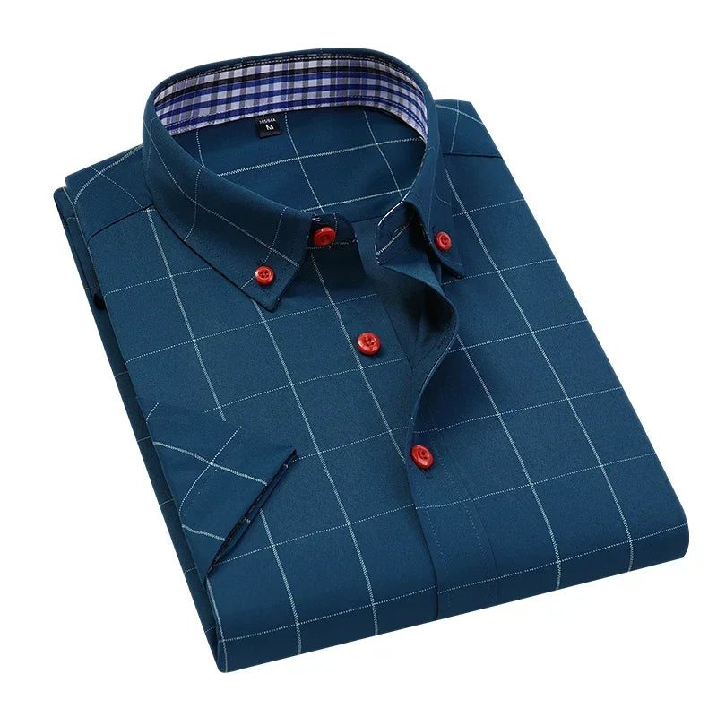BROWON Summer Mens Shirts Short Sleeve Plaid Shirt Slim Casual Button Up Shirt Dress Shirts Men Cotton Big Size Men Clothing