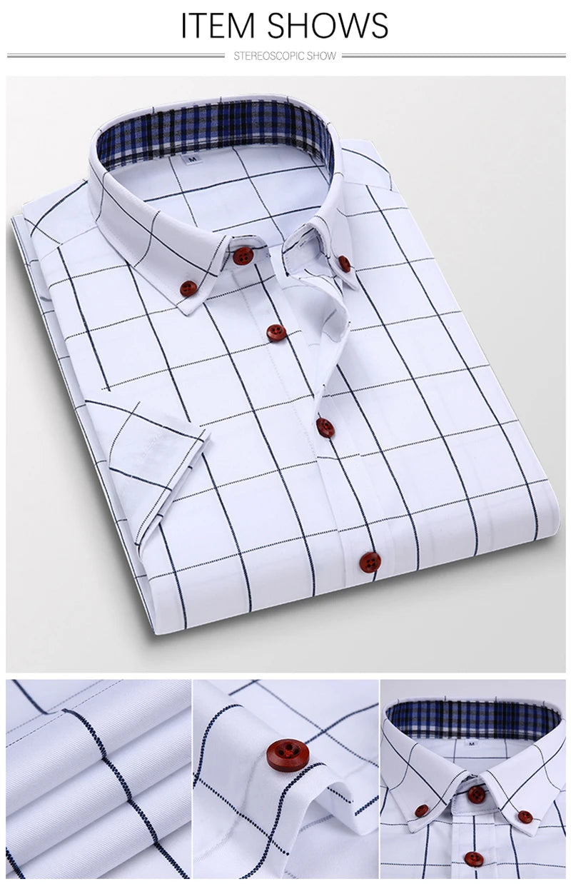 BROWON Summer Mens Shirts Short Sleeve Plaid Shirt Slim Casual Button Up Shirt Dress Shirts Men Cotton Big Size Men Clothing