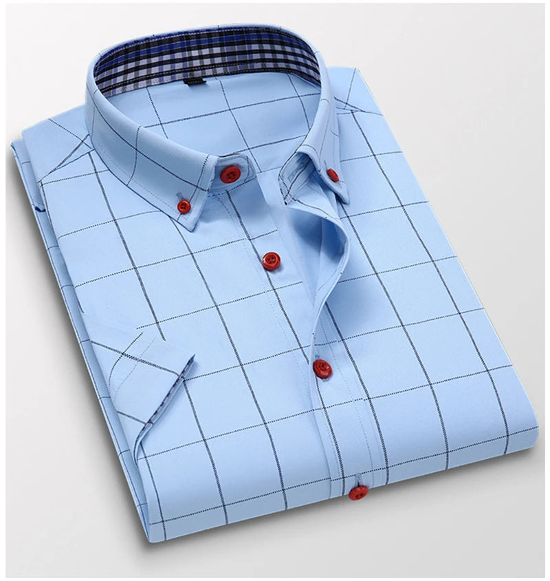 BROWON Summer Mens Shirts Short Sleeve Plaid Shirt Slim Casual Button Up Shirt Dress Shirts Men Cotton Big Size Men Clothing