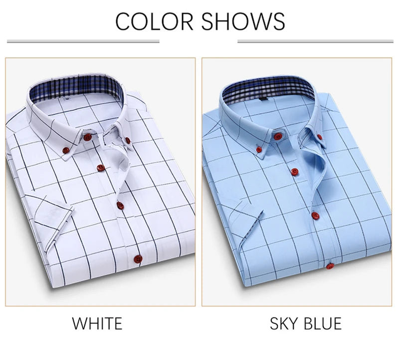 BROWON Summer Mens Shirts Short Sleeve Plaid Shirt Slim Casual Button Up Shirt Dress Shirts Men Cotton Big Size Men Clothing