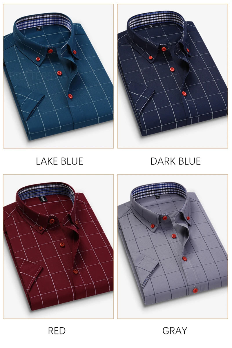 BROWON Summer Mens Shirts Short Sleeve Plaid Shirt Slim Casual Button Up Shirt Dress Shirts Men Cotton Big Size Men Clothing