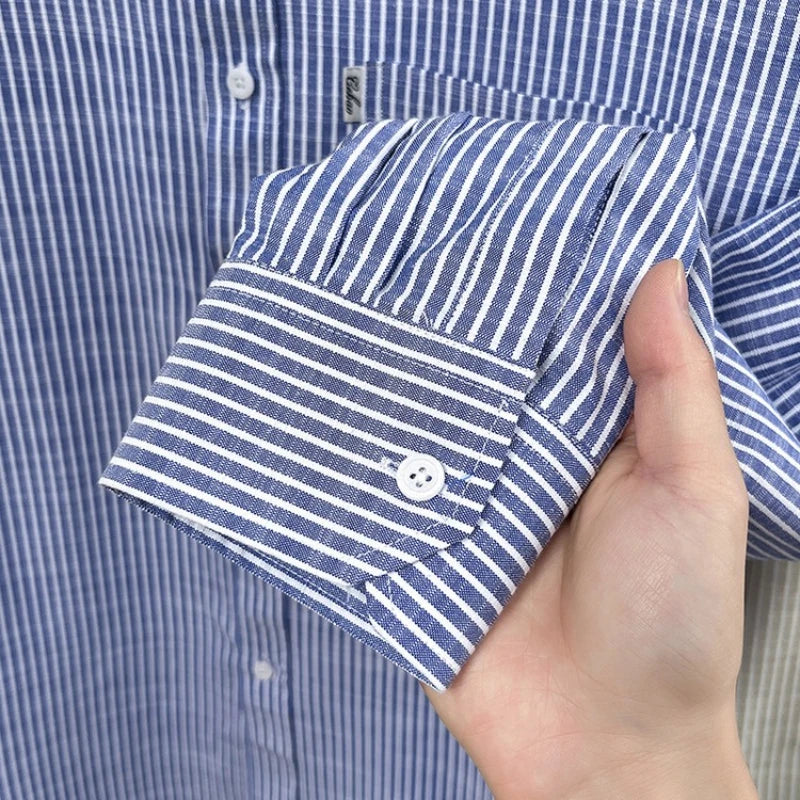 Men's Cotton-Linen Long-sleeved Striped Shirt | Notch Collar Design | Casual To Business Casual Wear Daily Commute