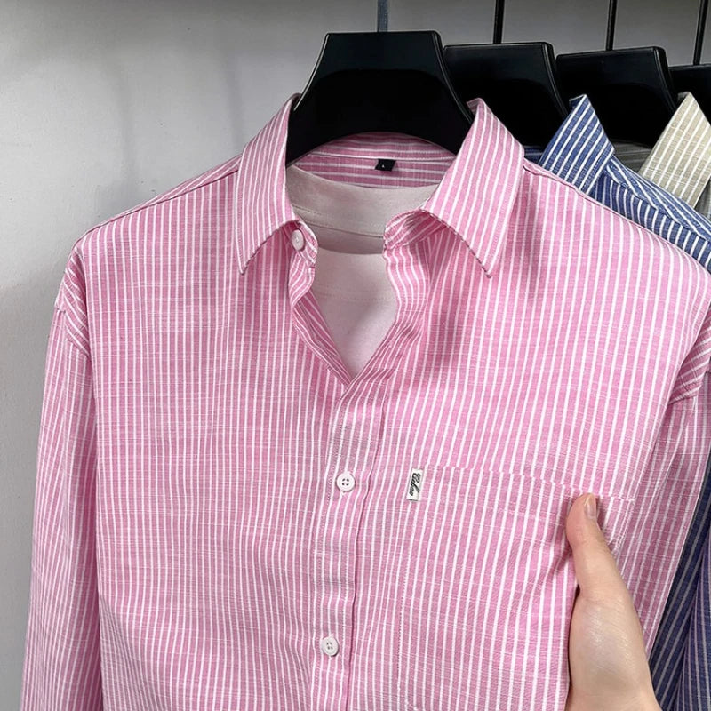 Men's Cotton-Linen Long-sleeved Striped Shirt | Notch Collar Design | Casual To Business Casual Wear Daily Commute