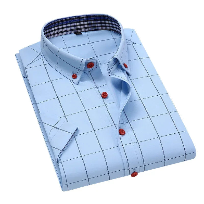 BROWON Summer Mens Shirts Short Sleeve Plaid Shirt Slim Casual Button Up Shirt Dress Shirts Men Cotton Big Size Men Clothing