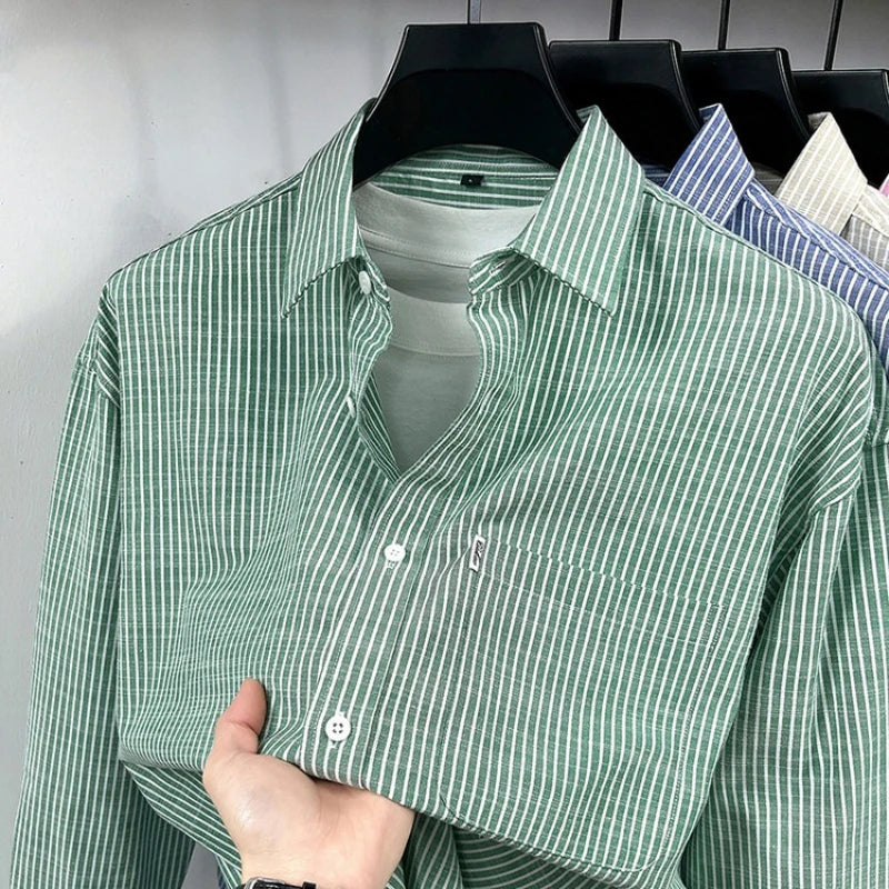 Men's Cotton-Linen Long-sleeved Striped Shirt | Notch Collar Design | Casual To Business Casual Wear Daily Commute