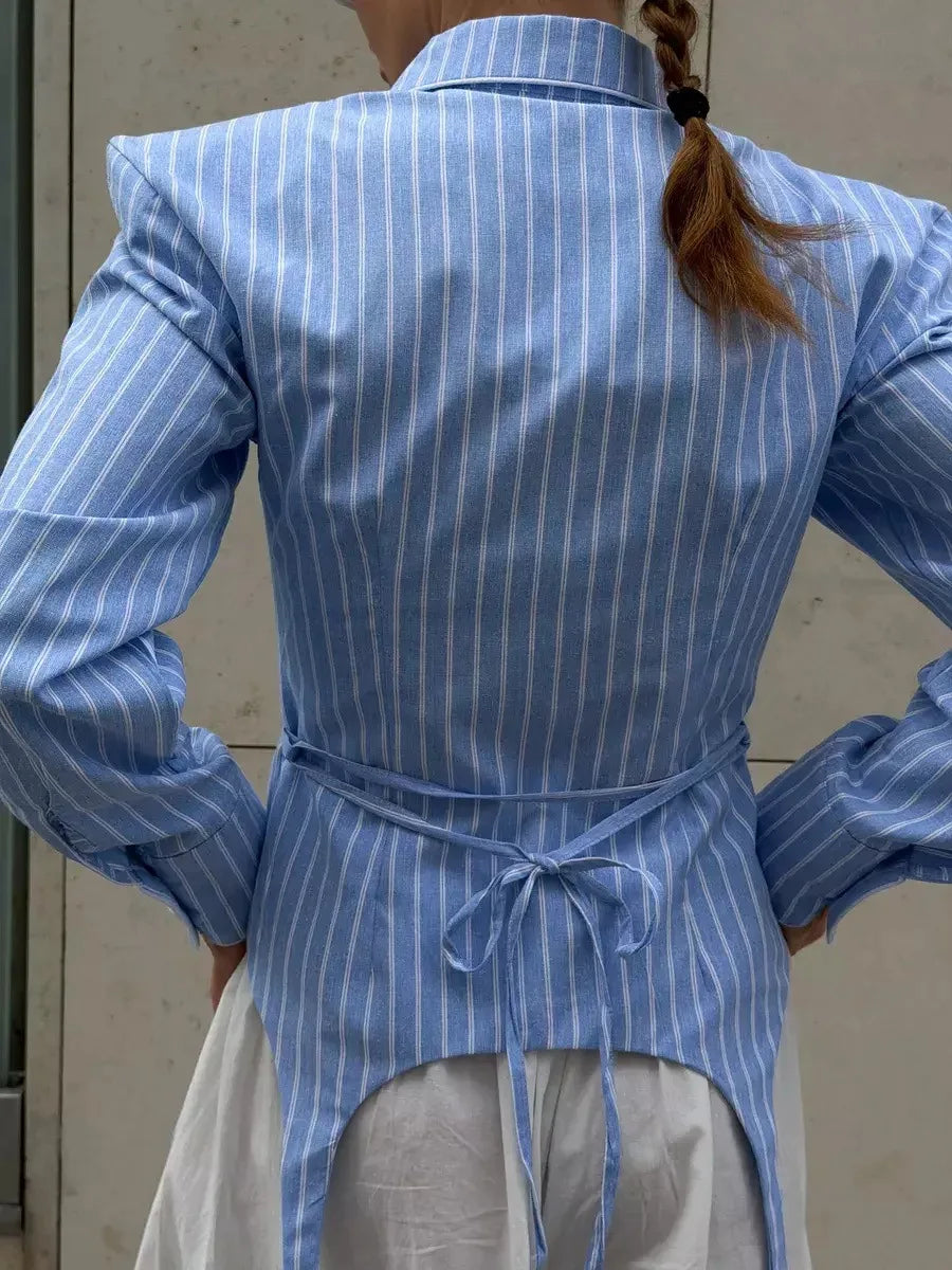 SINGREINY Office Lady Stripe Slim Shirt 2026 Lace Up Lapel Full Sleeves Irregular Hem Top Autumn Women Trendy Street Chic Blouse
