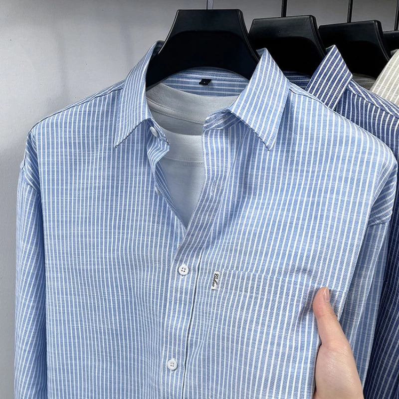 Men's Cotton-Linen Long-sleeved Striped Shirt | Notch Collar Design | Casual To Business Casual Wear Daily Commute