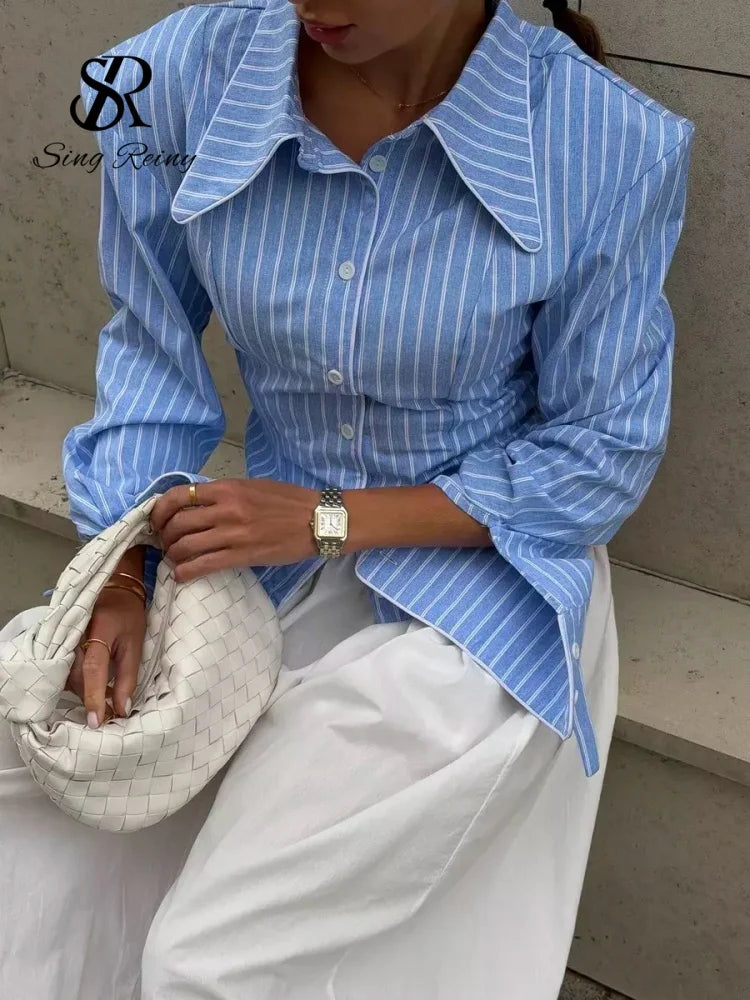 SINGREINY Office Lady Stripe Slim Shirt 2026 Lace Up Lapel Full Sleeves Irregular Hem Top Autumn Women Trendy Street Chic Blouse