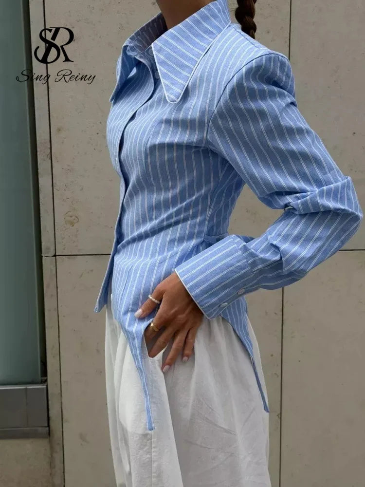 SINGREINY Office Lady Stripe Slim Shirt 2026 Lace Up Lapel Full Sleeves Irregular Hem Top Autumn Women Trendy Street Chic Blouse