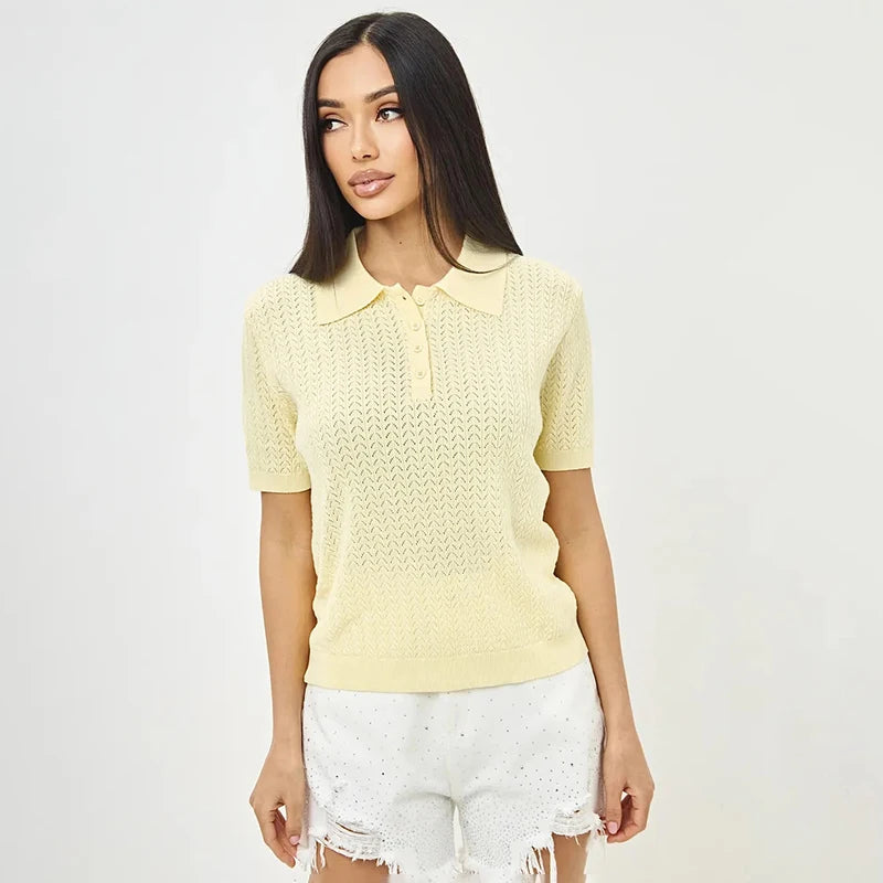 Hollow Knitted T shirt Woman 2026 Summer New Short Sleeve Casual Loose Lapel Ins Hot Tops Lady Sweater T shirt Solid Knit Blouse