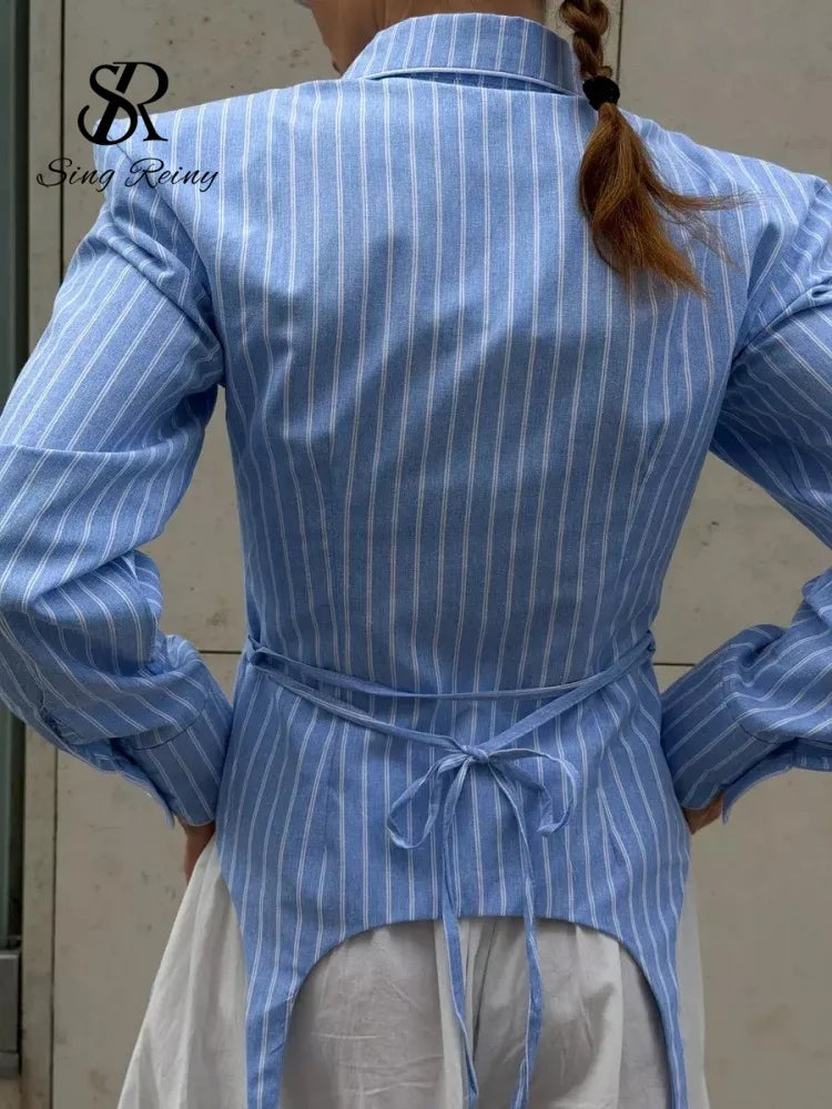 SINGREINY Office Lady Stripe Slim Shirt 2026 Lace Up Lapel Full Sleeves Irregular Hem Top Autumn Women Trendy Street Chic Blouse