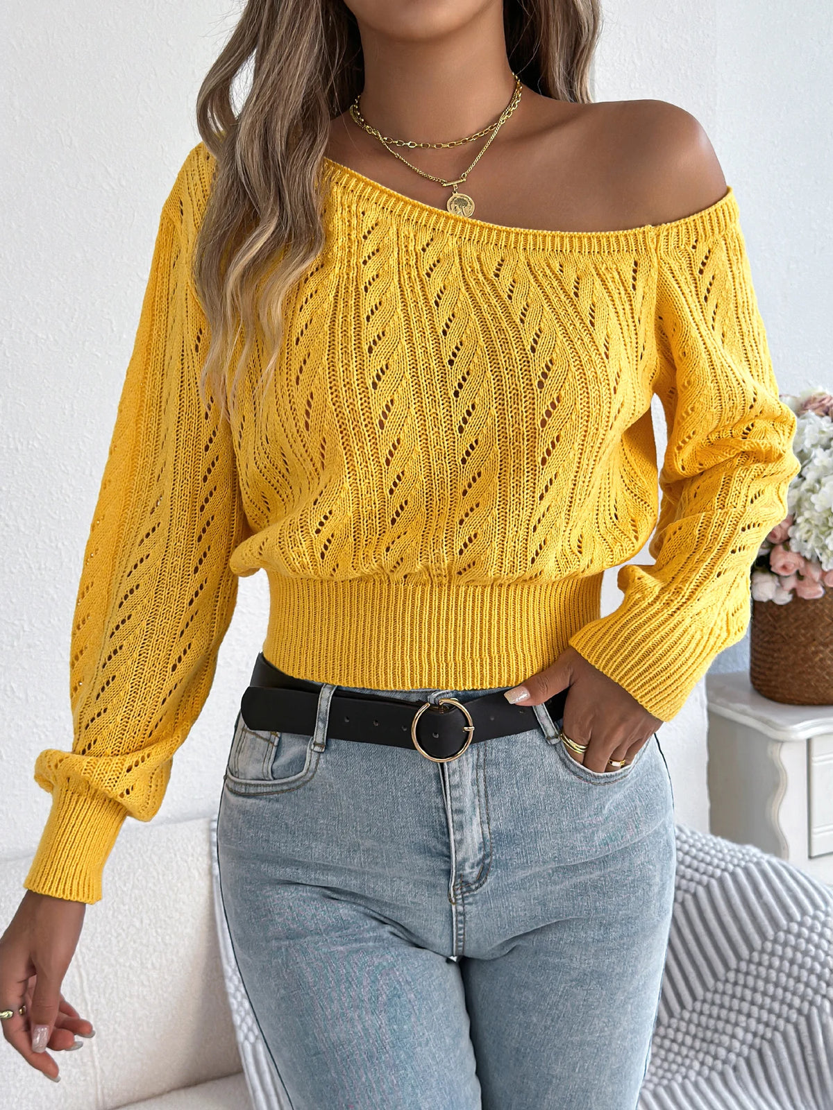 Autumn Winter Casual Elegant Slash Neck Off Shoulder Long Sleeved Knitted Pullover Sweater for Women