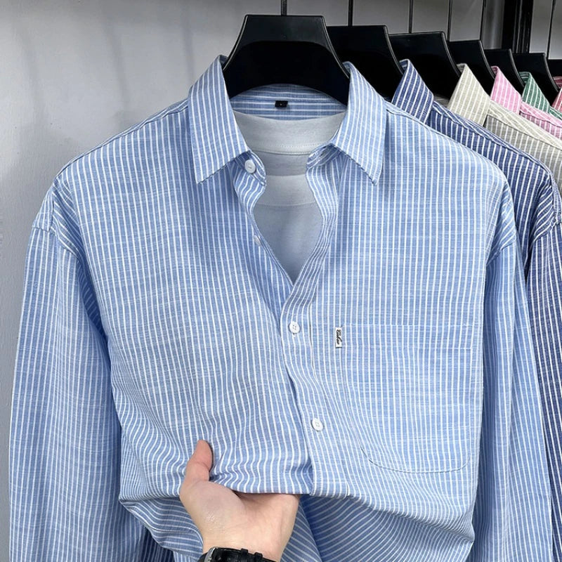 Men's Cotton-Linen Long-sleeved Striped Shirt | Notch Collar Design | Casual To Business Casual Wear Daily Commute