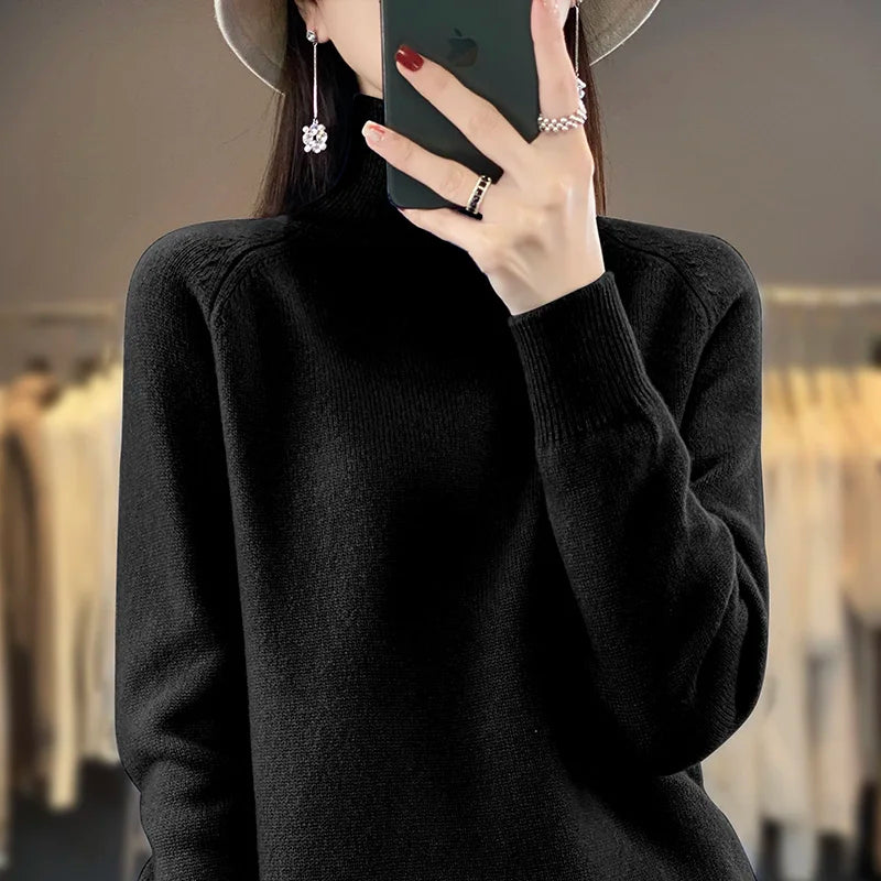 Autumn Merino Wool Sweater Mockneck Cashmere Pullover Knitwear Women  Fashion Basic Slim Long Sleeve Spring Clothing Tops