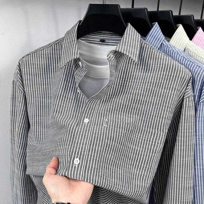 Men's Cotton-Linen Long-sleeved Striped Shirt | Notch Collar Design | Casual To Business Casual Wear Daily Commute