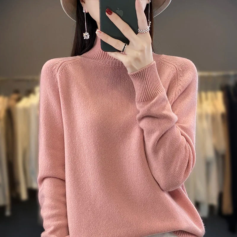 Autumn Merino Wool Sweater Mockneck Cashmere Pullover Knitwear Women  Fashion Basic Slim Long Sleeve Spring Clothing Tops