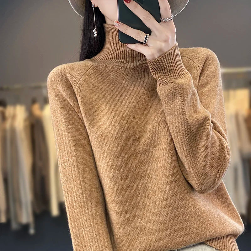 Autumn Merino Wool Sweater Mockneck Cashmere Pullover Knitwear Women  Fashion Basic Slim Long Sleeve Spring Clothing Tops