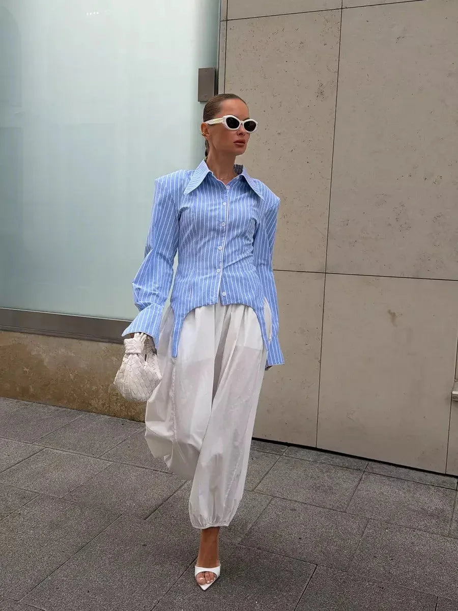 SINGREINY Office Lady Stripe Slim Shirt 2026 Lace Up Lapel Full Sleeves Irregular Hem Top Autumn Women Trendy Street Chic Blouse