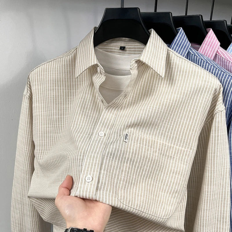 Men's Cotton-Linen Long-sleeved Striped Shirt | Notch Collar Design | Casual To Business Casual Wear Daily Commute