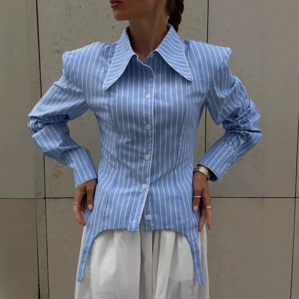 SINGREINY Office Lady Stripe Slim Shirt 2026 Lace Up Lapel Full Sleeves Irregular Hem Top Autumn Women Trendy Street Chic Blouse