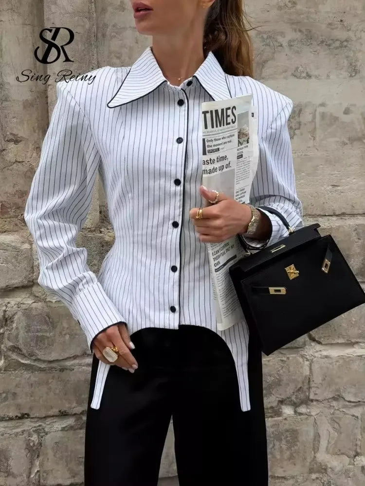 SINGREINY Office Lady Stripe Slim Shirt 2026 Lace Up Lapel Full Sleeves Irregular Hem Top Autumn Women Trendy Street Chic Blouse