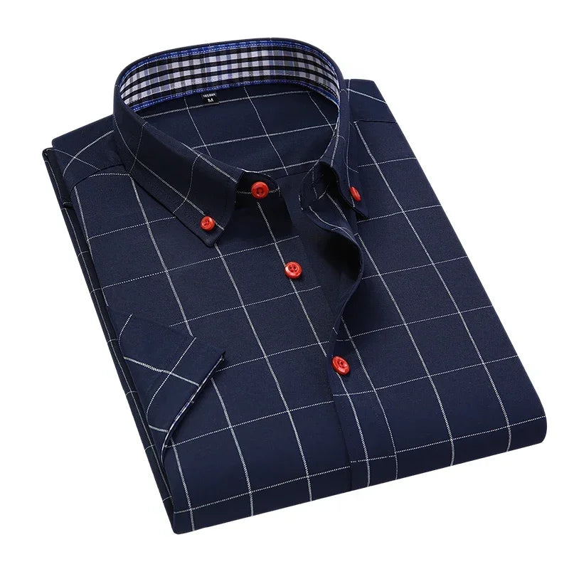 BROWON Summer Mens Shirts Short Sleeve Plaid Shirt Slim Casual Button Up Shirt Dress Shirts Men Cotton Big Size Men Clothing