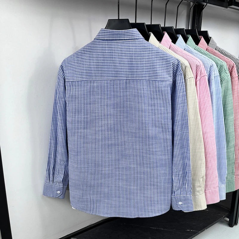 Men's Cotton-Linen Long-sleeved Striped Shirt | Notch Collar Design | Casual To Business Casual Wear Daily Commute