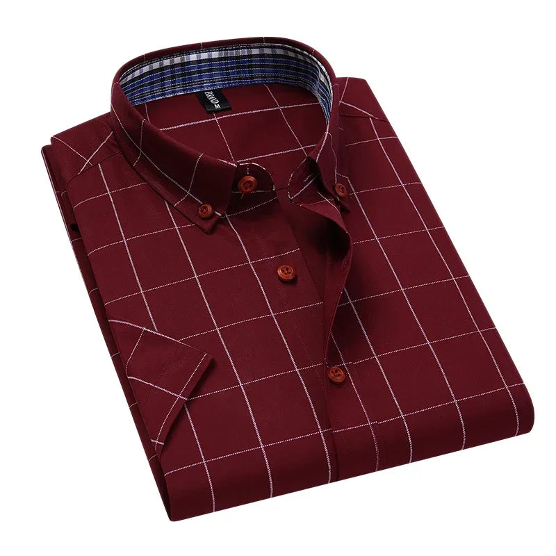 BROWON Summer Mens Shirts Short Sleeve Plaid Shirt Slim Casual Button Up Shirt Dress Shirts Men Cotton Big Size Men Clothing