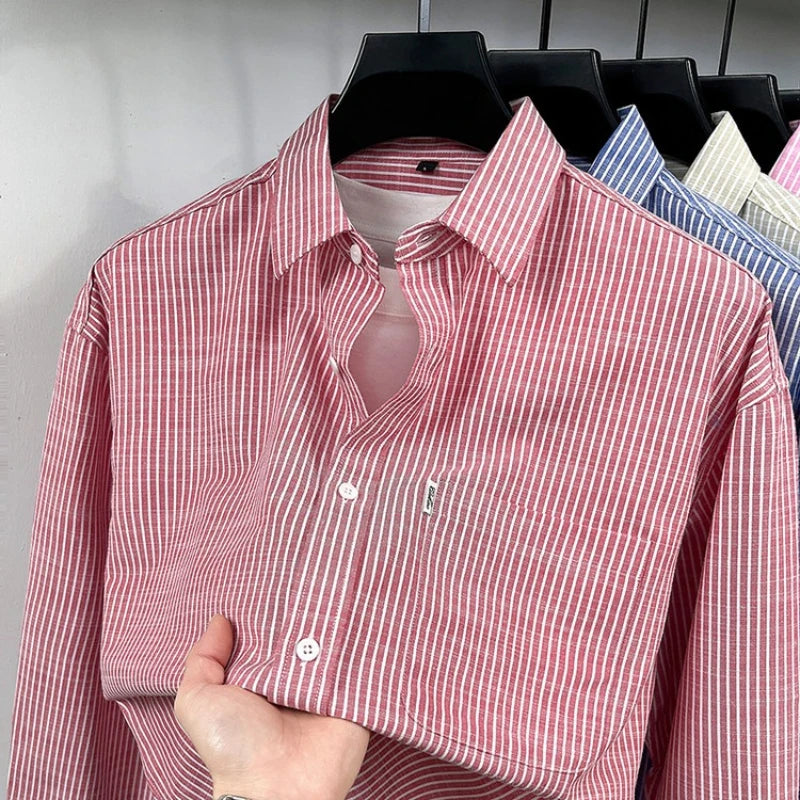 Men's Cotton-Linen Long-sleeved Striped Shirt | Notch Collar Design | Casual To Business Casual Wear Daily Commute