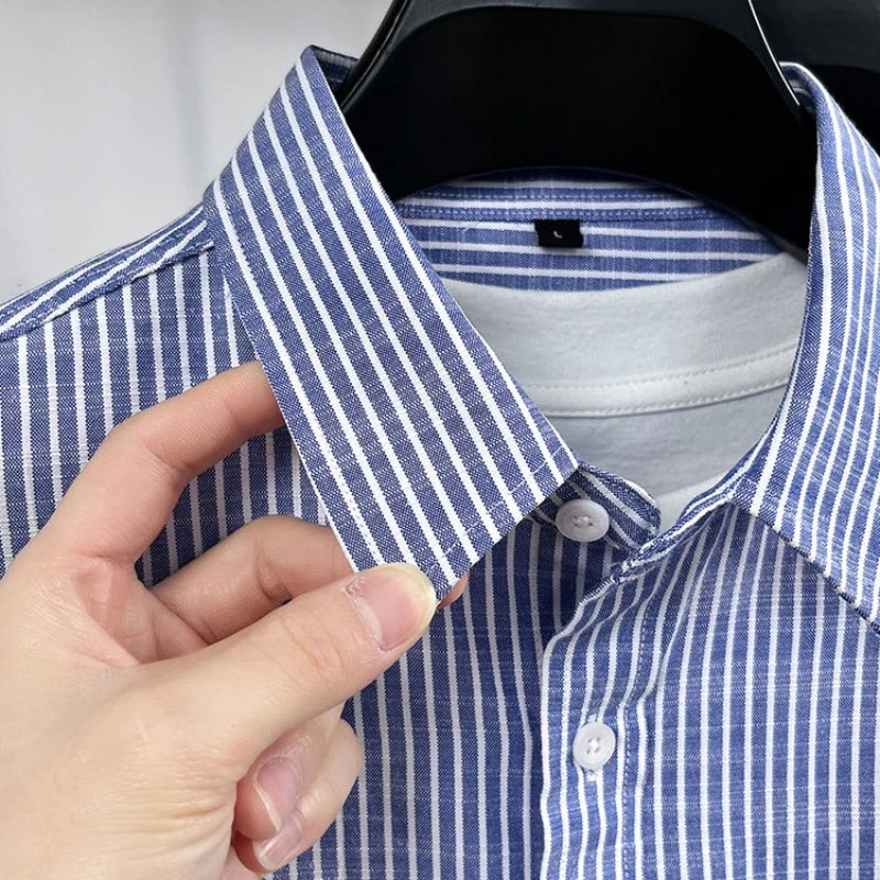 Men's Cotton-Linen Long-sleeved Striped Shirt | Notch Collar Design | Casual To Business Casual Wear Daily Commute