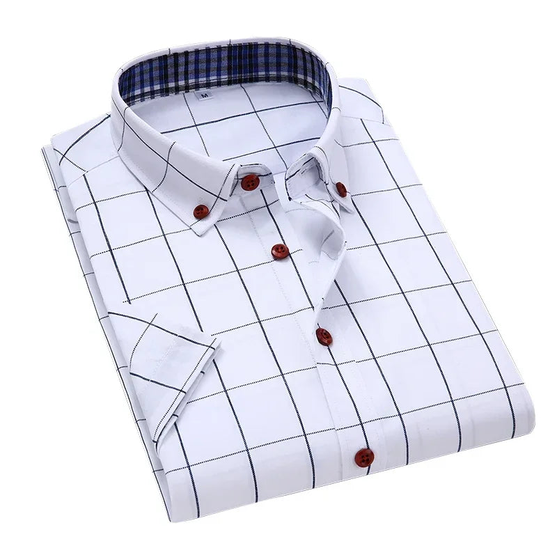 BROWON Summer Mens Shirts Short Sleeve Plaid Shirt Slim Casual Button Up Shirt Dress Shirts Men Cotton Big Size Men Clothing