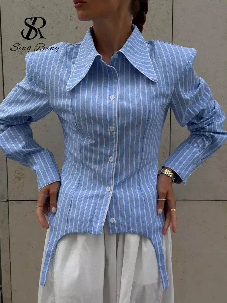 SINGREINY Office Lady Stripe Slim Shirt 2026 Lace Up Lapel Full Sleeves Irregular Hem Top Autumn Women Trendy Street Chic Blouse