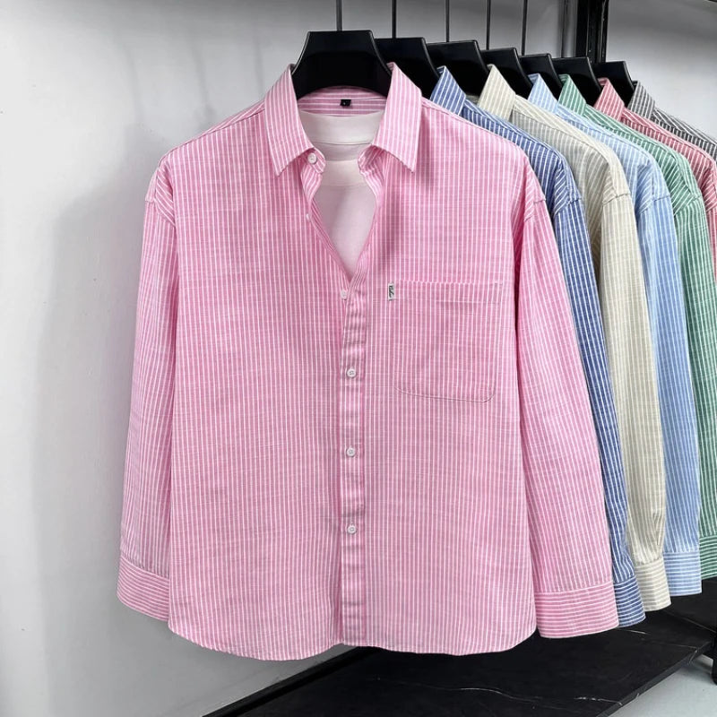 Men's Cotton-Linen Long-sleeved Striped Shirt | Notch Collar Design | Casual To Business Casual Wear Daily Commute