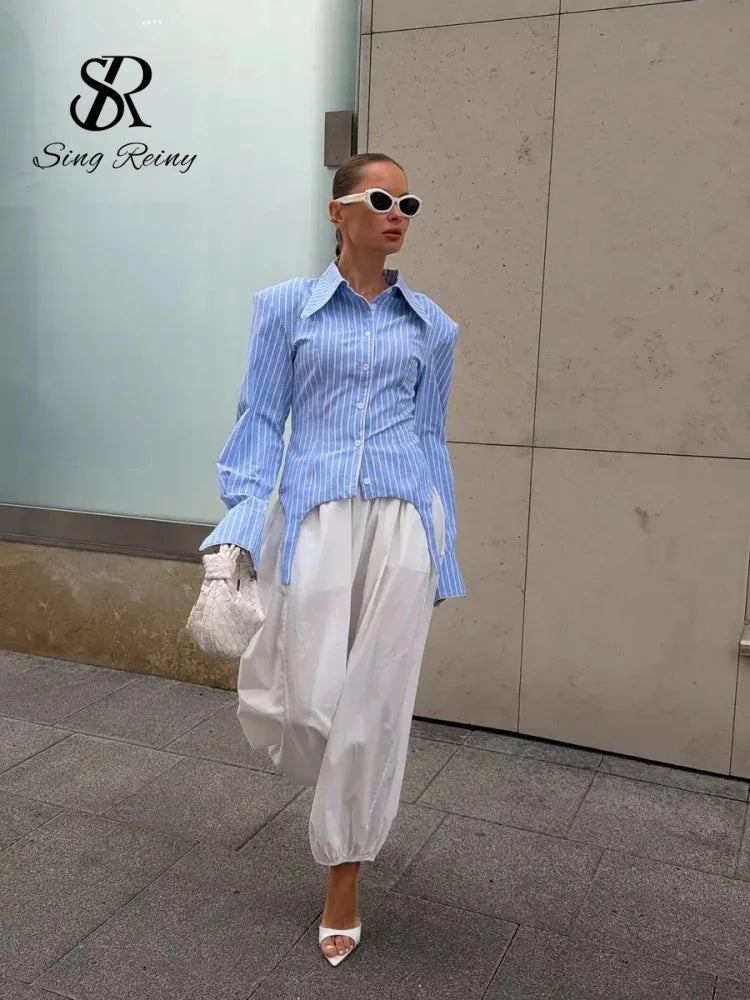 SINGREINY Office Lady Stripe Slim Shirt 2026 Lace Up Lapel Full Sleeves Irregular Hem Top Autumn Women Trendy Street Chic Blouse