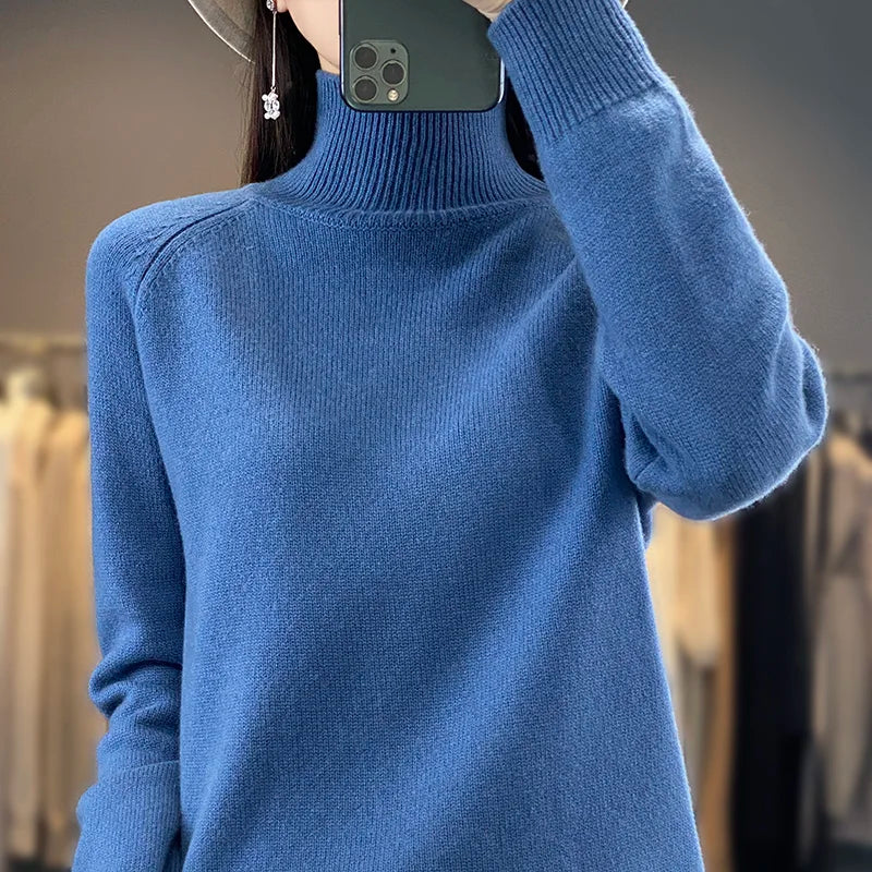 Autumn Merino Wool Sweater Mockneck Cashmere Pullover Knitwear Women  Fashion Basic Slim Long Sleeve Spring Clothing Tops