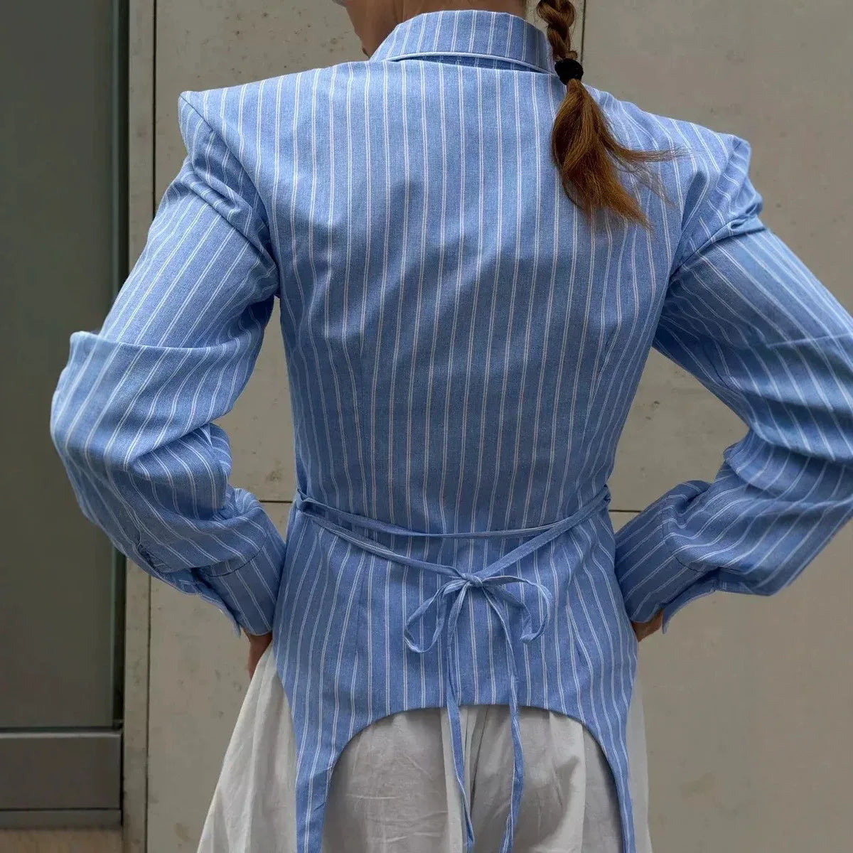 SINGREINY Office Lady Stripe Slim Shirt 2026 Lace Up Lapel Full Sleeves Irregular Hem Top Autumn Women Trendy Street Chic Blouse