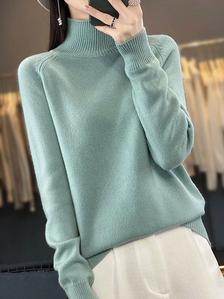 Autumn Merino Wool Sweater Mockneck Cashmere Pullover Knitwear Women  Fashion Basic Slim Long Sleeve Spring Clothing Tops