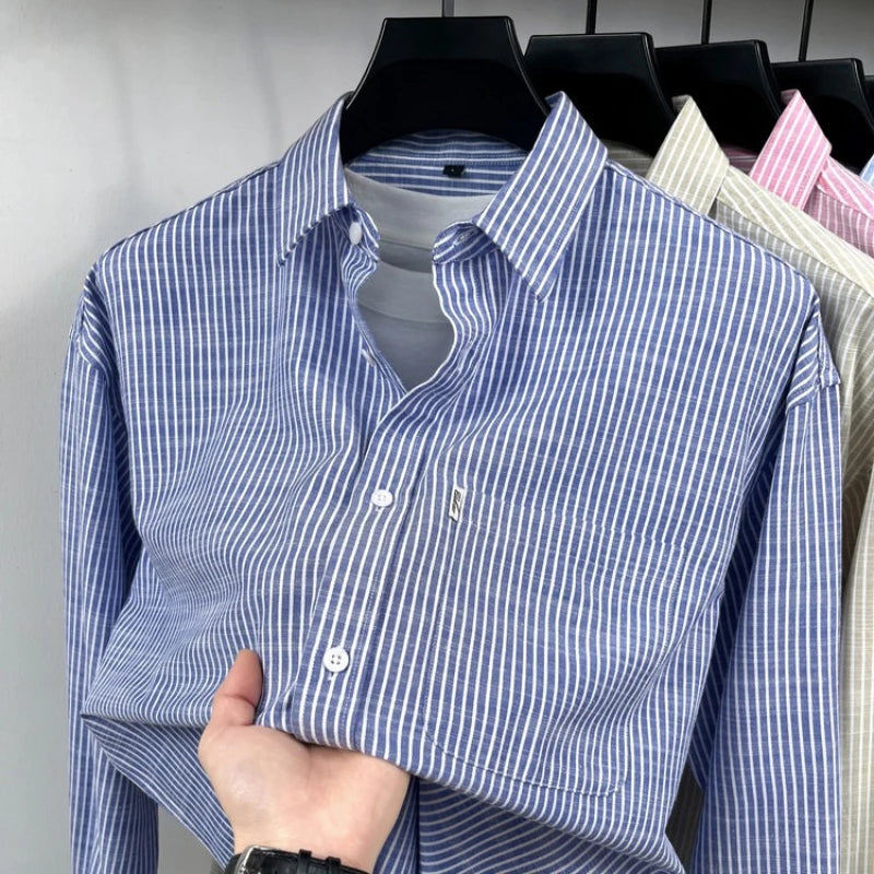 Men's Cotton-Linen Long-sleeved Striped Shirt | Notch Collar Design | Casual To Business Casual Wear Daily Commute