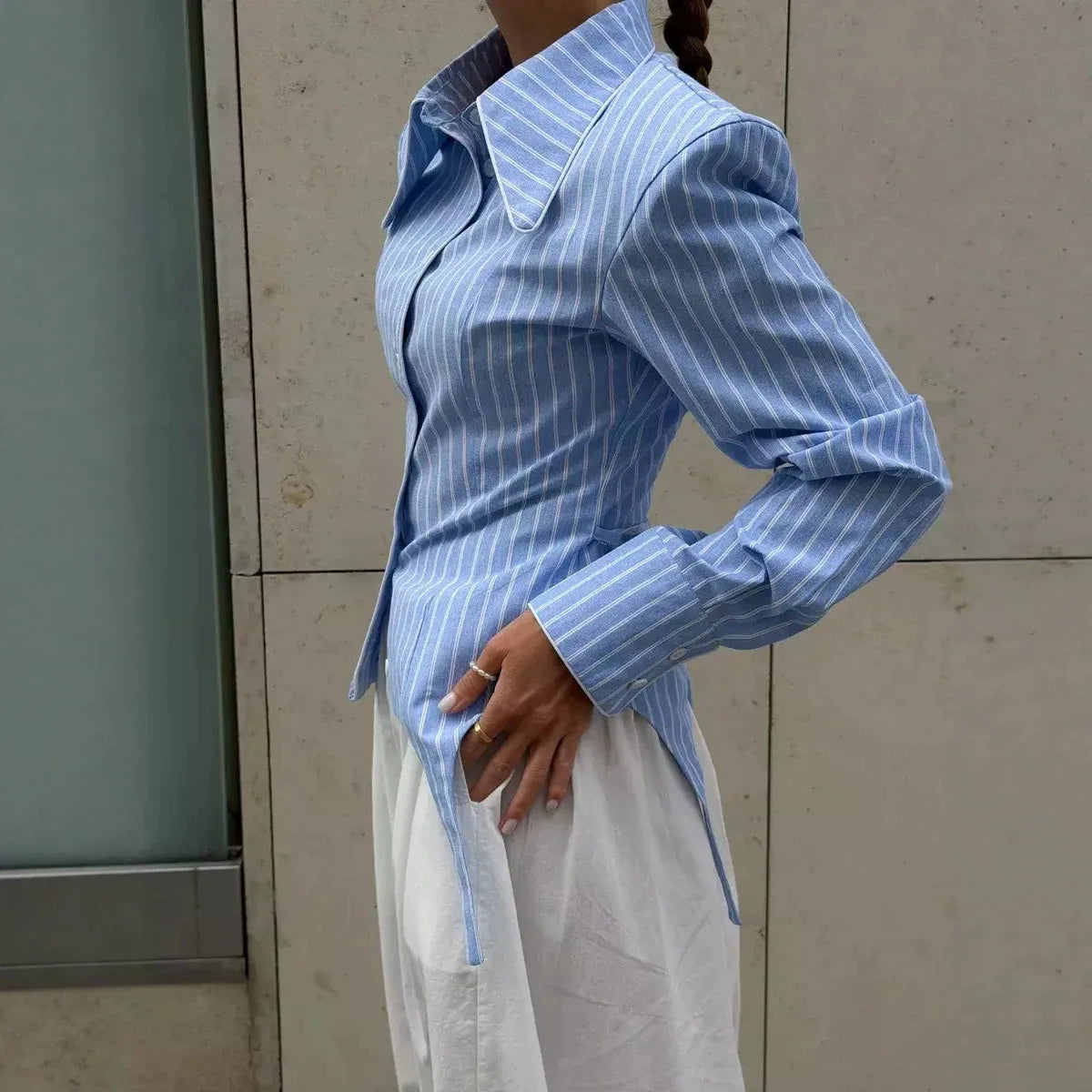 SINGREINY Office Lady Stripe Slim Shirt 2026 Lace Up Lapel Full Sleeves Irregular Hem Top Autumn Women Trendy Street Chic Blouse