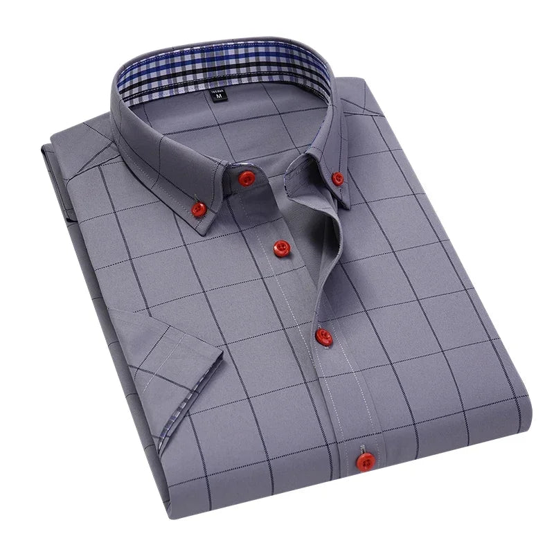 BROWON Summer Mens Shirts Short Sleeve Plaid Shirt Slim Casual Button Up Shirt Dress Shirts Men Cotton Big Size Men Clothing